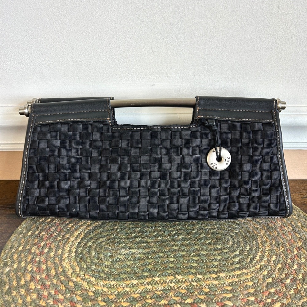 The Sak Black Woven Ribbon Metal Bar Handle Clutch Bag Evening Purse Casual